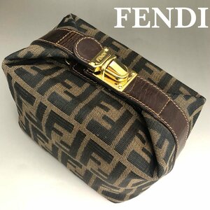 FENDI フェンディ ズッカ柄 ゴールド金具 ポーチ ミニバッグ 茶/ブラウン アクセサリーポーチ キャンバス 正規品 本物保証 最落無