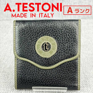 美品★a.testoni アテストーニ 3つ折財布 がま口小銭入 グレインレザー 黒＆オリーブグリーン イタリア製