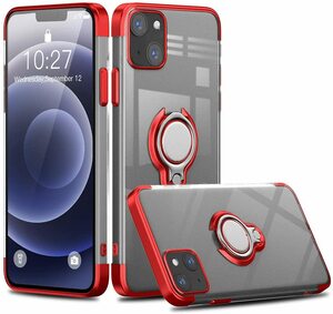 iPhone 13 用 赤色 スマホリング リング付きケース 透明 クリアケース マグネット式車載ホルダー対応　アイホン13 6.1インチ