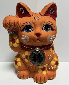 デニムまねき猫 招き猫　陶器　ラインストーン　手作り　一品物　カスタム　アート　置物　ラッキーキャット　マネキネコ