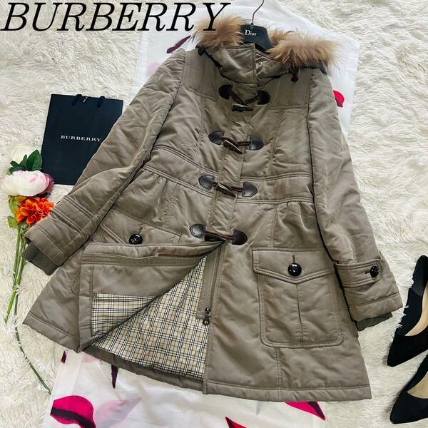 【良品】BURBERRY BLUE LABEL ダウンコート カーキ 40 バーバーリーブルーレーベル L モッズコート ダッフルコート タヌキファー