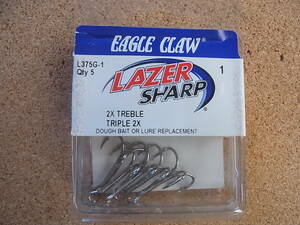 新品 イーグルクロー レーザーシャープ トリプルフック 5本入り L375G #1 EAGLE CLAW / へドン バルサ50 heddon オールド ルアー 等に