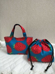 2 point set tote bag bento bag large strawberry pattern hand made Mini bag sub bag bag-in-bag organizer pouch case . walk bag 