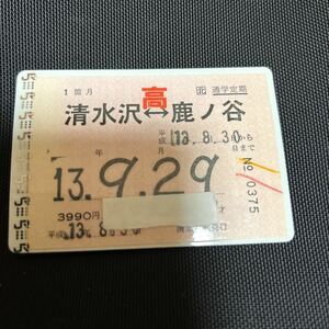 JR北海道 石勝線夕張支線　清水沢駅発行　清水沢←→鹿ノ谷　高校生用通学定期券　完全常備券