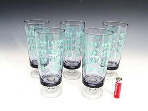 ◆(TH) 昭和レトロ雑貨 ガラス製 脚付きグラス 5個セット アデリアグラス 立木柄 グラデーション タンブラー コップ キッチン雑貨