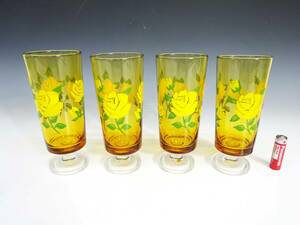 *(NS) Showa Retro glass made ate rear legs attaching glass 4 piece set goblet amber yellow color rose pattern rose pattern tumbler tableware kitchen miscellaneous goods 