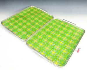 *(TD) Showa Retro pop ... horn low flower check green green O-Bon tray distribution serving tray tea .. antique style Vintage manner 