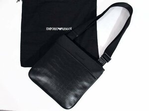 ◆未使用◆EMPORIO ARMANI エンポリオアルマーニ*本革/クロコ型押し*ロゴ入り*ショルダーバッグ*メンズ*サコッシュ*黒*保存袋*イタリア製