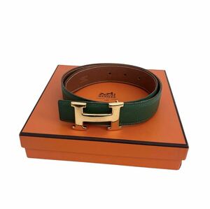 美品 レア HERMES エルメス リバーシブルベルト レザー Hバックル グリーン 緑 ゴールド金具