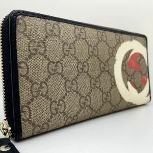 極美品●希少デザイン●GUCCI グッチ 長財布 メンズ ラウンドファスナー GG柄 デカロゴ GGスプリーム PVC レザー 本革 ベージュ ブラック