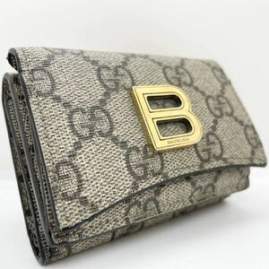 美品 限定コラボ●GUCCI グッチ BALENCIAGA バレンシアガ 折り財布 三つ折り GGスプリーム GG柄 Bロゴ PVC ベージュ レディース メンズ