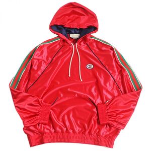 未使用品□21AW GUCCI/グッチ 653373 ロゴワッペン サイドウェブライン シャイニージャージーフーディー/パーカー レッド M 伊製 正規品