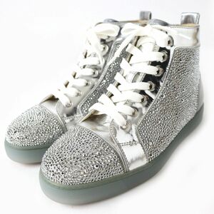 極美品△クリスチャンルブタン LOUISFLAT CALF STRASS ストラス スワロフスキー レザー ハイカットスニーカー レディース シルバー 37 1/2