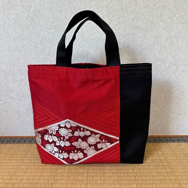 京都 西陣織 トートバッグ ショルダーバック 和風 帯リメイク 正絹 赤&黒 新品 1点物 再販なし バンドメイド