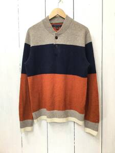 TOMMY HILFIGER トミーヒルフィガー ウールニット セーター ヘンリーネック ニット 袖ロゴ メンズM 大きめ 良品綺麗 