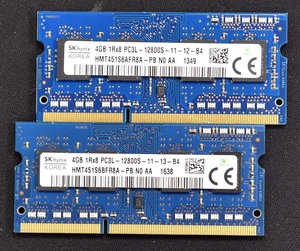 (送料無料) 8GB (4GB 2枚組) PC3L-12800S DDR3-1600 S.O.DIMM 204pin 1Rx8 SK-HYNIX CHINA (動作確認済 memtest86+)(管:SB0078