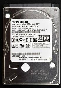 1円スタート 東芝 MQ01ABD100H ハイブリッドドライブ [1TB 5,400rpm 2.5/9.5mm 2014年製 使用時間 10600H (Cristal DiscInfo 正常状態) (E0