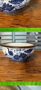 中国古美術 清時代 康熙初期青花染付 鉄さび釉 荷池鴨戯巨大型鉢