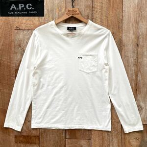 【美品】APC アーペーセー ロゴ刺繍 胸ポケット ロンT カットソー XS ホワイト 日本サイズS〜M位