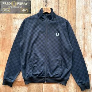 【希少】80S FRED PERRY フレッドペリー チェッカー柄 トラックジャケット ポルトガル製 40 ネイビー 古着 ヴィンテージ ジャージ 