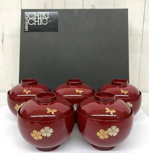 未使用品 ＊伝統工芸 工芸品 工芸美術 HANAE MORI ハナエモリ CHIKICHIC 金彩 桜紋 朱塗 蓋付 小吸椀揃 吸い椀 5客 和食器 日本料理 縁起物