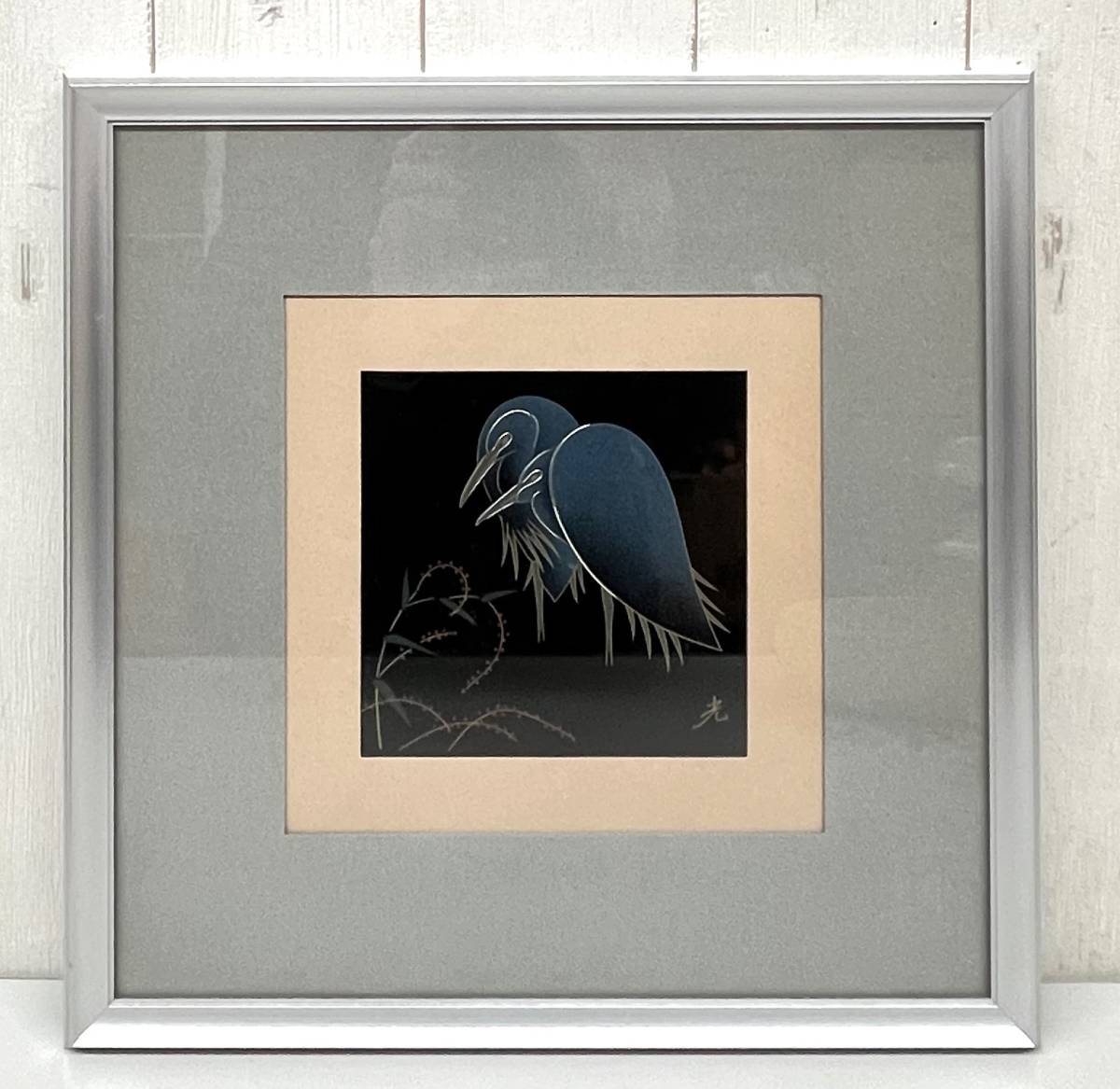 RETRO Retro Collection *Light Inscribed Heron Illustration Two Birds Botanical Painting Gold Metal Carving Framed Picture Art Relief Panel Wall Hanging Interior Antique, artwork, painting, others