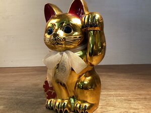 SS-1972■送料込■ 招き猫 金 金の招き猫 高さ25センチ 縁起物 インテリア 置物 陶器 和風 レトロ アンティーク 1095g/くHIら