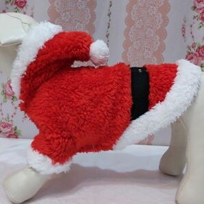 【犬の服・USED】サンタ服、コート、ポンポリース、クリスマス、フード付き、赤×白、モコモコ、ボア、1号、S