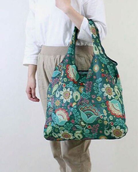 ボタニカル柄 フラワー柄 花柄 エコバッグ グリーン