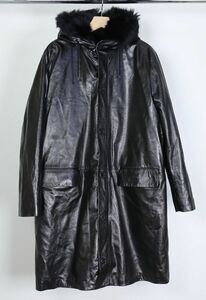 初期 HELMUT LANG ヘルムートラング ヴィンテージ ムートン ファー ライナー付 レザー フード コート モッズコート 黒 46 a9944