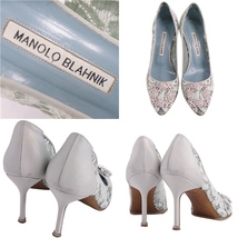 マノロ・ブラニク Manolo Blahnik パンプス ハンギシ 総柄 キャンバス メッシュ シューズ 靴 37 1/2 ミントグリーン cg12dd-rm05e26440_画像9