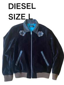 中古 DIESEL ディーゼル ジャケット スカジャン ジャンパー ジップアップ 刺繍 羊本革 スウェード ブラック サイズL
