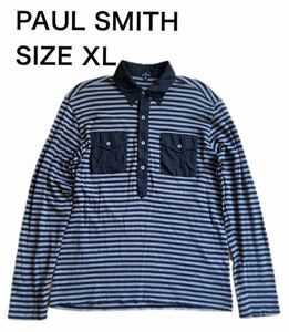 【送料無料】中古 PAUL SMITH ポールスミス 長袖 シャツ ボーダー 襟付 ヘンリーネック コットン ブラック サイズXL