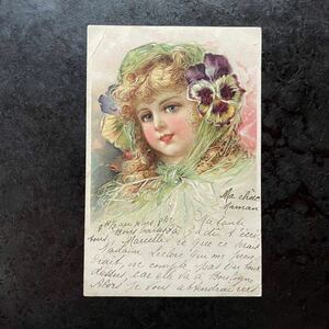 アンティーク ポストカード 1902年消印　ブランデージ　Brundage 美少女　女の子　パンジー　フランス　絵葉書