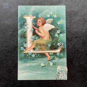 アンティーク ポストカード 1906年消印　クラップサドル　Clapsaddle 天使のアルファベット　【L】エンジェル　勿忘草　金彩　絵葉書