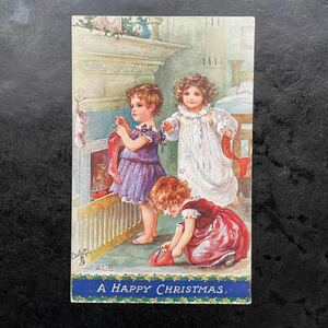 レア アンティーク ポストカード 1907年 アーティスト　A.L.Bowley Tuck’s Oilette クリスマス　ストッキング　子供　女の子　イギリス