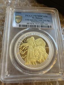 【世界で4枚】PCGS70鑑定 Gilt・GOLD PLATE版 ウナとライオン 2021 セントヘレナ 1オンス銀貨 金メッキ シルバー プルーフコイン 発行750枚