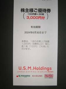 2024年最新送料無料★USMH/カスミマルエツマックスバリュ関東株主優待券/3000円分ユナイテッドスーパーマーケットホールディングスU.S.M.H