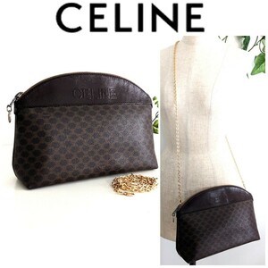 良品 セリーヌ CELINE ビンテージ 2way チェーン レザー 鞄 ショルダーバッグ ポシェット クラッチバッグ 茶色 ブラウン レディース メンズ