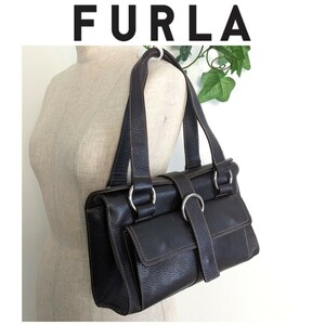 良品 フルラ FURLA ヴィンテージ レザー ショルダーバッグ 鞄 ハンドバッグ 本革 アンティーク ブラウン 茶色 ブラック 黒 イタリア