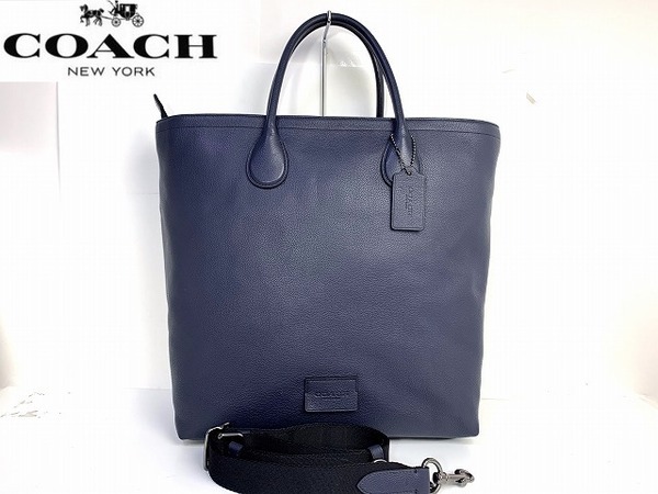 極美品★送料無料★ コーチ メンズ COACH ペブルド レザー 2Way ショルダーバッグ トートバッグ ネイビー