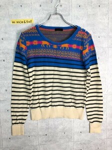 < free shipping >And A And A nordic pattern border knitted cut and sewn thin sweater tops folklore casual stylish 