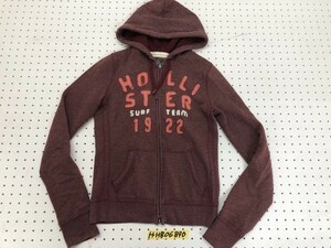 HOLLISTER ホリスター レディース ロゴワッペン付き 裏起毛 ダブルジップ パーカー S エンジ色