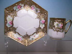 * Old Noritake maple leaf seal 6 angle gold paint rose writing cup & saucer Vintage 
