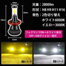 LED フォグランプ 2色 切り替え Ｈ8 H9 H11 H16 切替 6000k 3000k ホワイト イエロー 白 黄色 ヘッドライト 2個セット 車検対応 保証制度_画像2