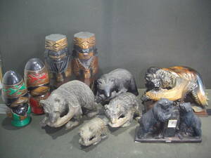 北海道 民芸品 等... アイヌ 木彫り 熊の木彫り 陶器/熊の温度計　8点　まとめて　