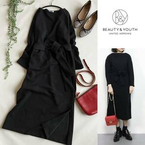  BEAUTY&YOUTH UNITED ARROWS*B&Y◆ジャカードウエストリボンスリットワンピース　ブラック　ユナイテッドアローズ