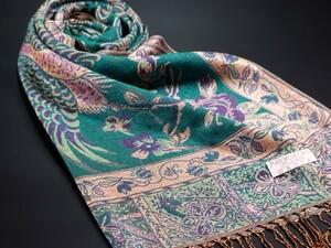 WINTER PASHMINAS◆KV-3128 極上 カシミア 金刺繍 厚手【グリーン系/peacock】大判 ストール/マフラー Scarf/ Stall