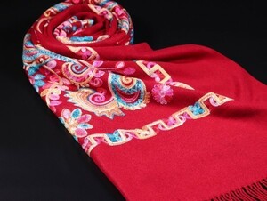 WINTER PASHMINAS◆KW-S818 極上 カシミア 厚手 刺繍【レッド系/Asian Paisley】大判 ストール/マフラー Cashmere Scarf/ Stall