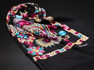 WINTER PASHMINAS◆KW-S810 極上 カシミア 厚手 刺繍【ブラック/Asian Paisley】大判 ストール/マフラー Cashmere Scarf/ Stall